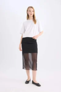 DeFacto Pencil Normal Waist Draped Lined Tulle Midi Skirt - Image 3