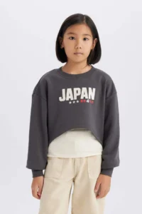 DeFacto 2 Piece Set Crop Crew Neck Printed Sweatshirt Undershirt Girls