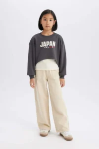 DeFacto 2 Piece Set Crop Crew Neck Printed Sweatshirt Undershirt Girls - Image 2