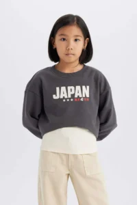 DeFacto 2 Piece Set Crop Crew Neck Printed Sweatshirt Undershirt Girls - Image 3
