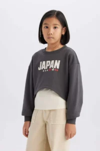 DeFacto 2 Piece Set Crop Crew Neck Printed Sweatshirt Undershirt Girls - Image 4