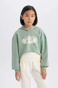 DeFacto Set of 2 Crop Hooded Printed Sweatshirt Undershirt Girl - Image 3