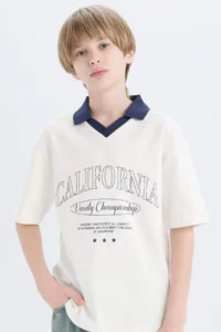 DeFacto Oversize Wide Fit Polo Neck Printed Short Sleeve T-Shirt Boy
