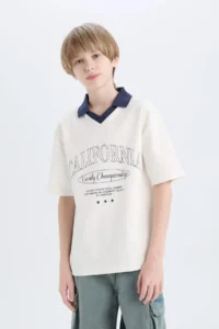 DeFacto Oversize Wide Fit Polo Neck Printed Short Sleeve T-Shirt Boy - Image 3