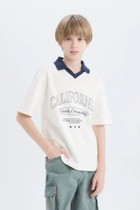 DeFacto Oversize Wide Fit Polo Neck Printed Short Sleeve T-Shirt Boy - Image 4