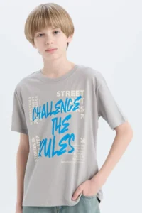DeFacto Crew Neck Printed Gray Boy's T-Shirt D9284A8/GR52