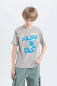 DeFacto Crew Neck Printed Gray Boy's T-Shirt D9284A8/GR52 - Image 3