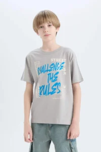 DeFacto Crew Neck Printed Gray Boy's T-Shirt D9284A8/GR52 - Image 4