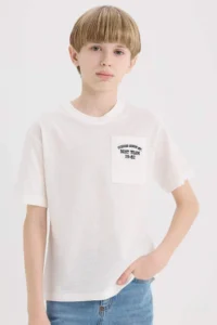 DeFacto Crew Neck Embroidered Pocket Printed Short Sleeve T-Shirt for Boys