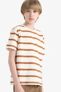 DeFacto Crew Neck Striped Short Sleeve T-Shirt Boy - Image 3