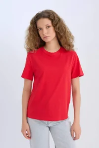DeFacto Regular Fit Crew Neck Basic Plain Short Sleeve Red T-Shirt