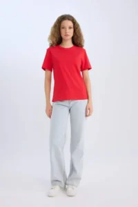 DeFacto Regular Fit Crew Neck Basic Plain Short Sleeve Red T-Shirt - Image 2