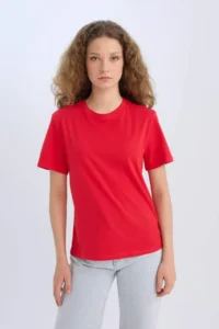 DeFacto Regular Fit Crew Neck Basic Plain Short Sleeve Red T-Shirt - Image 3