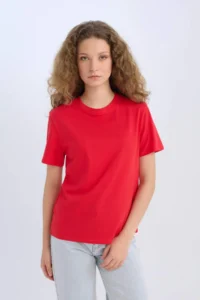 DeFacto Regular Fit Crew Neck Basic Plain Short Sleeve Red T-Shirt - Image 4