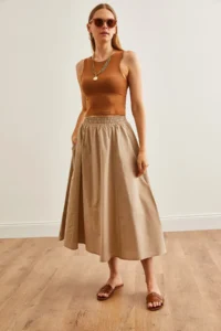 Olalook Women's Stone Pocket Elastic Waist Midi Woven Bell Skirt - Image 3