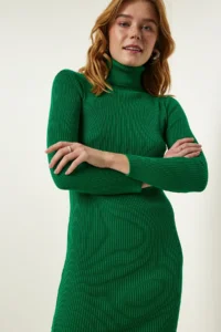 Happiness İstanbul Women Green Turtleneck Knit Dress - Image 2