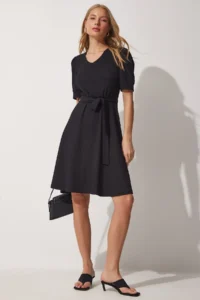 Happiness İstanbul Women's Black V-Neck Belted Flared Knitted Dress - Image 2