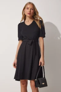Happiness İstanbul Women's Black V-Neck Belted Flared Knitted Dress - Image 3