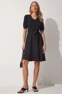 Happiness İstanbul Women's Black V-Neck Belted Flared Knitted Dress - Image 4