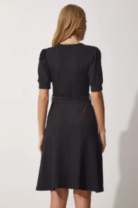 Happiness İstanbul Women's Black V-Neck Belted Flared Knitted Dress - Image 5