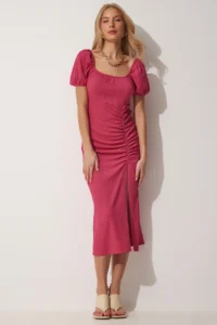 Happiness İstanbul Women's Dark Pink Gathered Saran Summer Knitted Dress - Image 2