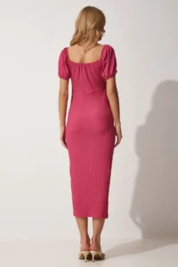 Happiness İstanbul Women's Dark Pink Gathered Saran Summer Knitted Dress - Image 3