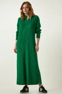 Happiness İstanbul Women Green Ribbed Oversized Knit Dress