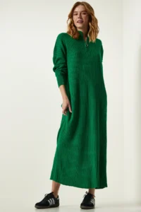 Happiness İstanbul Women Green Ribbed Oversized Knit Dress - Image 2