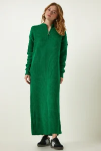Happiness İstanbul Women Green Ribbed Oversized Knit Dress - Image 3