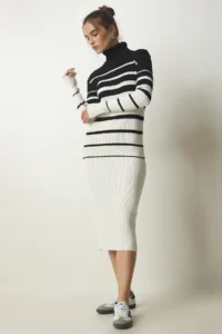 Happiness İstanbul Women's Black Ecru Turtleneck Striped Corduroy Knitwear Dress