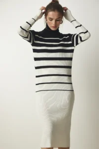Happiness İstanbul Women's Black Ecru Turtleneck Striped Corduroy Knitwear Dress - Image 2