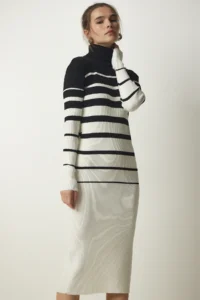 Happiness İstanbul Women's Black Ecru Turtleneck Striped Corduroy Knitwear Dress - Image 3