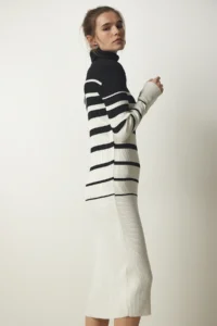 Happiness İstanbul Women's Black Ecru Turtleneck Striped Corduroy Knitwear Dress - Image 4
