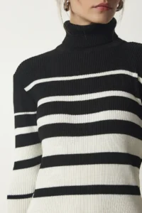 Happiness İstanbul Women's Black Ecru Turtleneck Striped Corduroy Knitwear Dress - Image 5