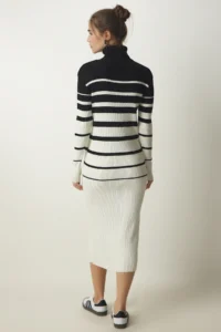 Happiness İstanbul Women's Black Ecru Turtleneck Striped Corduroy Knitwear Dress - Image 6