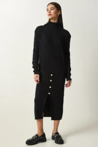 Happiness İstanbul Women's Black Button Detailed Corduroy Knitwear Dress - Image 2