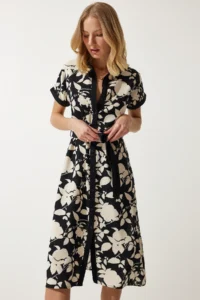 Happiness İstanbul Women's Black Cream Floral Summer Slim Viscose Dress - Image 2