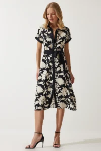 Happiness İstanbul Women's Black Cream Floral Summer Slim Viscose Dress - Image 3