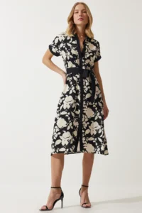 Happiness İstanbul Women's Black Cream Floral Summer Slim Viscose Dress - Image 4