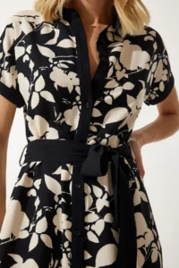 Happiness İstanbul Women's Black Cream Floral Summer Slim Viscose Dress - Image 6