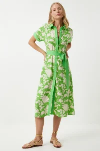 Happiness İstanbul Women's Vibrant Green Floral Summer Slim Viscose Dress - Image 2