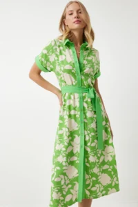 Happiness İstanbul Women's Vibrant Green Floral Summer Slim Viscose Dress - Image 3