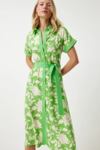 Happiness İstanbul Women's Vibrant Green Floral Summer Slim Viscose Dress - Image 4