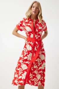 Happiness İstanbul Women's Red Floral Summer Slim Viscose Dress - Image 2