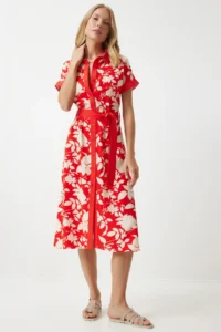 Happiness İstanbul Women's Red Floral Summer Slim Viscose Dress - Image 3