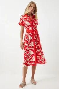 Happiness İstanbul Women's Red Floral Summer Slim Viscose Dress - Image 4