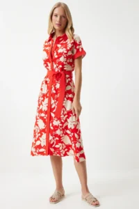 Happiness İstanbul Women's Red Floral Summer Slim Viscose Dress - Image 5