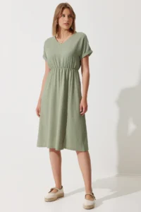 Happiness İstanbul Women's Green V-Neck Slit Summer Daily Knitted Dress - Image 2