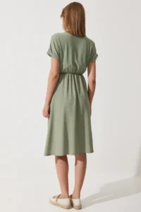 Happiness İstanbul Women's Green V-Neck Slit Summer Daily Knitted Dress - Image 5