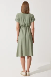 Happiness İstanbul Women's Green V-Neck Slit Summer Daily Knitted Dress - Image 6